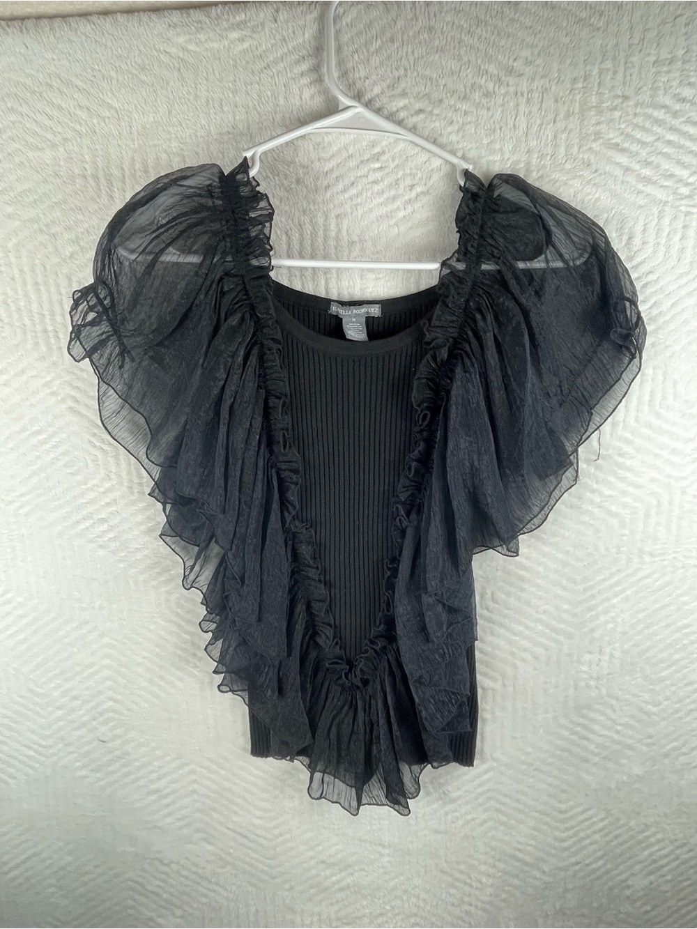 Isabella Rodriguez Black Ribbed Top with Sheer Ruffled Organza Sleeves